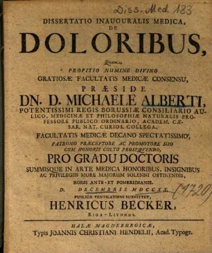 Dissertatio Inauguralis Medica, De Doloribus