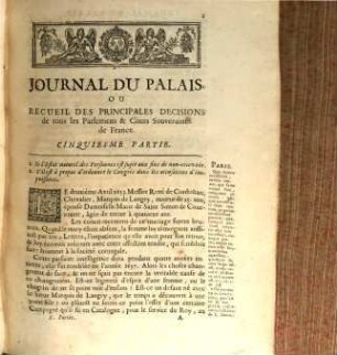 Journal du palais, ou recueil des principales décisions de tous les parlemens & cours souveraines de France, 5. 1682