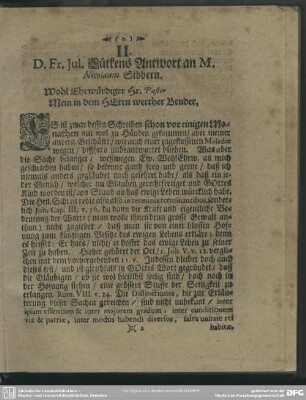 II. D. Fr. Jul. Lütkens Antwort an M. Nicolaum Sibbern