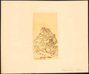 Burgruine Hohenkrähen im Hegau: Durchzeichnung: Perspektivische Ansicht vom Tal, nach: Illustrirte Zeitung, 1871, S. 192