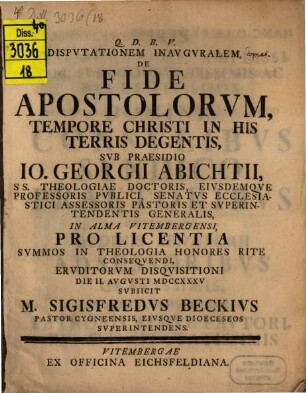 Disp. de fide apostolorum tempore Christi in his terris degentis