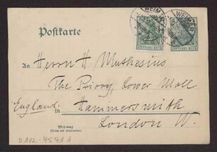 Schreiben an Hermann Muthesius (Postkarte)