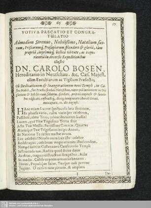 Votiva Precatio et congratulatio ... Dn. Carolo Bosen