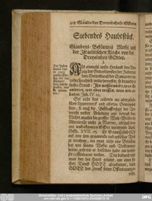 Siebendes Haubtstück. Glaubens-Bekäntnis Mosis und der Israelitischen Kirche von der Dreyeinheit Gottes.