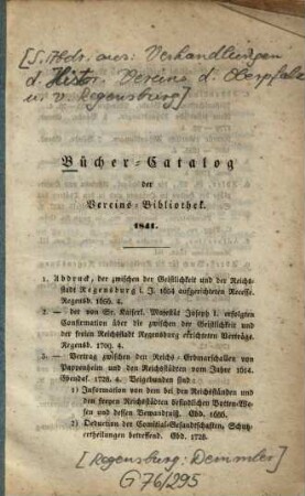 Bücher-Catalog der Vereins-Bibliothek. [1], [Nr. 1 - 470]