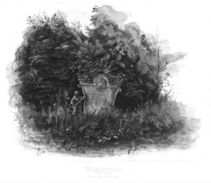 Grabmal zwischen Bäumen : Grabmal zwischen Bäumen. Aquarell; 18,3 x 24 cm (vor 1905; E. Leonhardi). Freiberg: Stadt- und Bergbaumuseum 53/194
