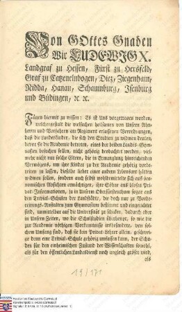 Anweisung an alle Forstbediente: Die Verordnung vom 10. März 1803 betreffend das Besuchen der Gymnasien in Darmstadt und Gießen und die anschließende Aufnahme der Landeskinder zum Studium in Gießen (eine Original-Verordnung liegt bei)