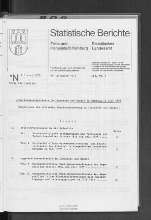 Arbeitnehmerverdienste in Industrie und Handel in Hamburg im Juli 1975 : Lfd. Nr. 5
