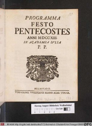 Programma Festo Pentecostes Anni MDCCXIII. In Academia Ivlia P. P