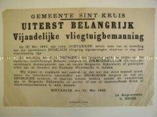 Maueranschlag aus dem besetzten Belgien zur Suche nach der Besatzung eines abgeschossenen englischen Flugzeuges