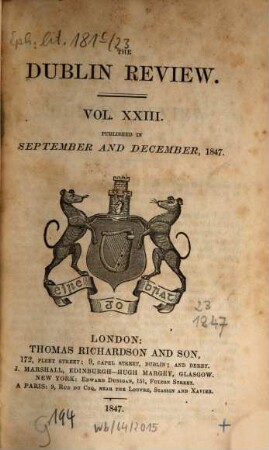 Dublin review : a quarterly and critical journal. 1847,2 = Vol. 23