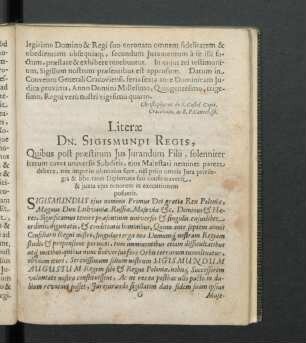 Literae Dn. Sigismundi Regis, Quibus post praestitum Ius Iurandum Filii, solennieter iterum cavet universis Subditis ...