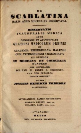 De scarlatina Halis anno 1844 observata