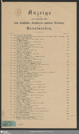 1904: Anzeige über die am ... vom Sächsischen Kunstverein gehaltene Verlosung von Kunstwerken