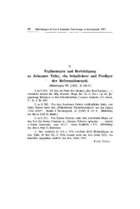 Ergänzungen und Berichtigung zu Johannes Toltz, ein Schullehrer und Prediger der Reformationszeit