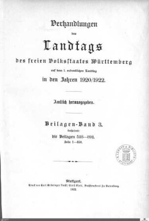 2,135: Landtag Württemberg - Kammer 2, Beilagen 1920-1922, Bd. 3