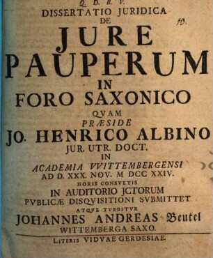 Diss. iur. de iure pauperum in foro Saxonico