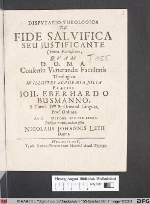 Disputatio Theologica De Fide Salvifica Seu Iustificante Contra Pontificios