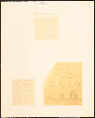Kirche des Konzils, Stadttor und Mauern der Stadt Nicaea (heute: Iznik), Türkei: Grundriss der Kirche, Maßstabsleiste, Ansicht und Grundriss eines Tors an der Nordseite der Stadt, Maßstabsleiste, Schnitt und Grundriss einer Toranlage an der Stadtmauer (drei Blätter, Nach- oder Durchzeichnungen nach Pococke sowie Texier & Pullan, S. 23)