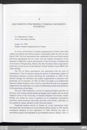 I Documents Concerning Turkish University Students