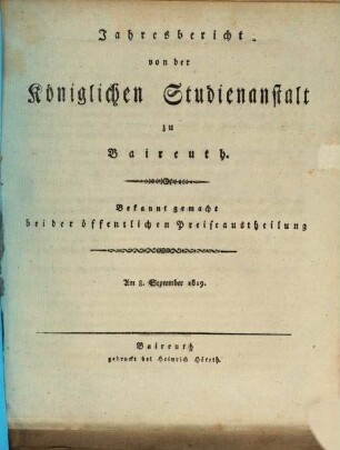 Jahresbericht : bekannt gemacht bei der öffentlichen Preiseaustheilung. 1819