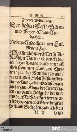 Zweyte Abtehilung. Der hohen Feste-, Sonn-, und Feyer-Tags-Andachten.
