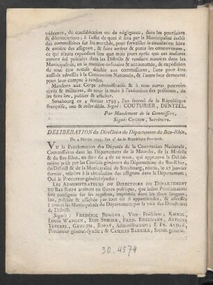 Deliberation du Directoire du Département du Bas-Rhin, Du 4 Fèvrier 1793, l'an 2e de la République Francoise