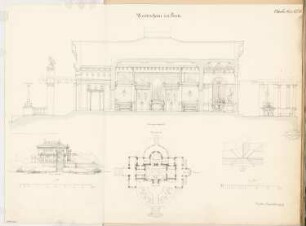 Gartenhaus Monatskonkurrenz Oktober 1877: Grundriss, Dachaufsicht, Aufriss Seitenansicht 1:200; Längsschnitt mit Innenwandansicht 1:50; 2 Maßstabsleisten