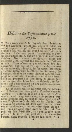 Histoire de l'astronomie pour 1796