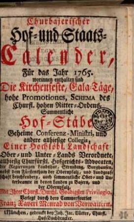Churbajerischer Hof- und Staats-Calender. 1765