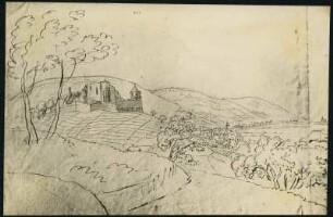 Landschaftsskizze mit Feldern, Hügel und Burg