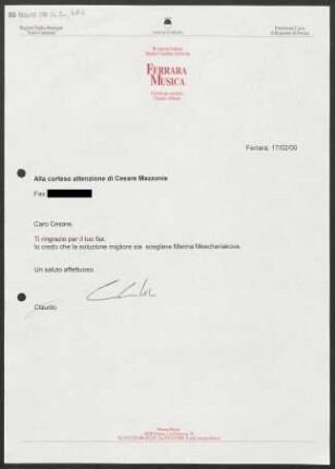 Brief an Cesare Mazzonis, 17.02.2000