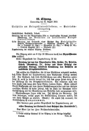 85. Sitzung. Donnerstag den 21. August 1919