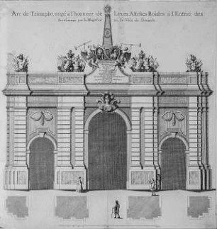 Triumphbogen, errichtet von der Stadt Dresden anlässlich der Vermählung des sächsischen Kurprinzen Friedrich August mit Maria Josepha von Österreich. Grund- und Aufriss. Stich