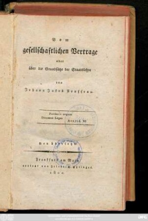 Vom gesellschaftlichen Vertrage oder über die Grundsätze der Staatslehre
