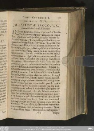 Epistola XLV. Io. Baptistae Sacco, V. C. Senatui Mediolanensi à - Secretis.