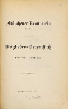 Mitglieder-Verzeichnis : Stand vom :. 1893, 1. Jan.