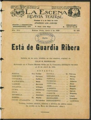 Está de guardia Ribera : sainete en un acto, dividido, en dos cuadros