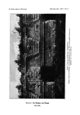 Taf. VIII. : Uxmal. Casa de las Monjas. Ostgebäude. Mittlere Partie der Westfront, mit der Maskensäule über der Türe zu dem großen Mittelzimmer. Aufnahme von Teobert Maler.