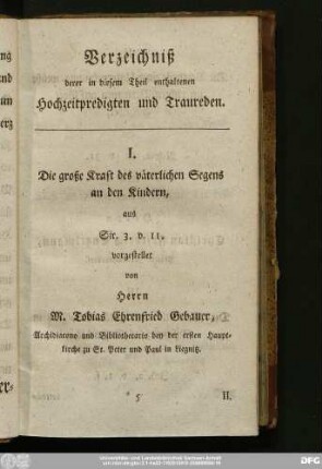Verzeichniß derer in diesem Theil enthaltenen Hochzeitpredigten und Traureden.