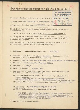 Opernhaus, Königsberg: Fragebogen für das Handbuch »Das Deutsche Theater«, vierseitiges Dokument
