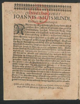 Confessio Fidei Joannis Sigismundi, Electoris Brandenburgici.