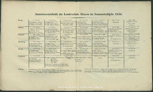 Stundenverzeichnis der Landesschule Meissen im Sommerhalbjahr 1834.