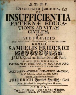 Diss. iur. de insufficientia paternae educationis ad vitam civilem