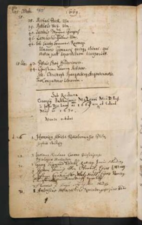 Winterhalbjahr 1669/1670. Rektorat Georg Balthasar Metzger