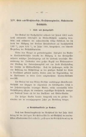 XIV. Geld und Wechselverkehr; Versicherungswesen.
