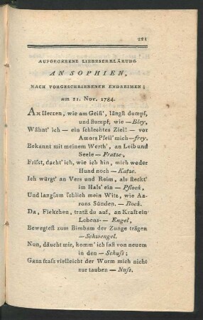 Aufgegebene Liebeserklärung An Sophien, Nach Vorgeschriebenen Endreimen