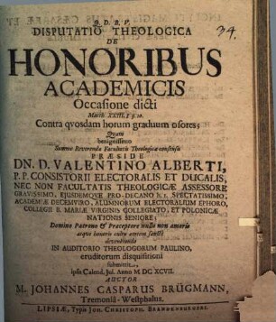 Disputatio Theologica De Honoribus Academicis : Occasione dicti Matth. XXIII,8. 9. 10. Contra quosdam horum graduum osores