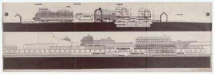 Beschränkter Wettbewerb Brückenkopf der Kennedybrücke (nicht realisiert) – Schnittansichten. Bonn