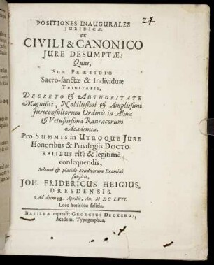 Positiones Inaugurales Iuridicae, ex Civili & Canonico Iure Desumptae